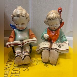 Vintage Decorative Bookend Set with Reading Children Figurines Made in Japan.